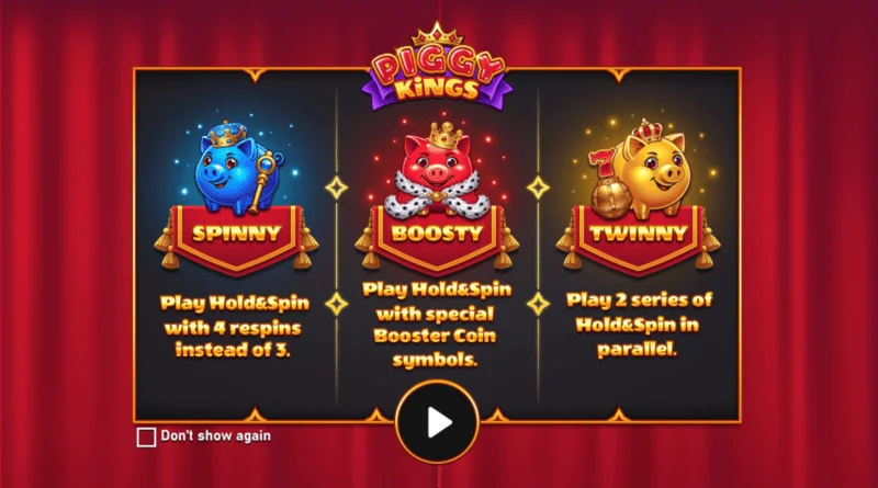 Piggy Kings - hlavní obrazovka se třemi prasátky a válci